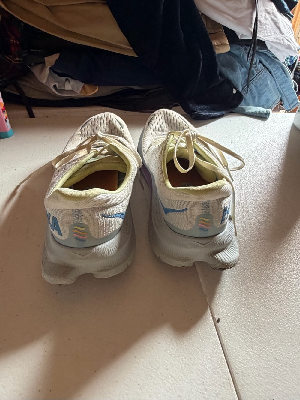 Hoka Women's Cream Running Shoes with Blue Logo and Light Green Lining - Picture 3 of 5